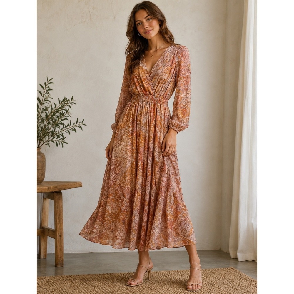 Kate & Lily Peach‎ Brown Paisly Smocked Long Sleeve Maxi Dress Flowing Sheer 6